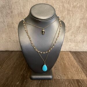 Long Elegant Turquoise and Gold Layered Necklace